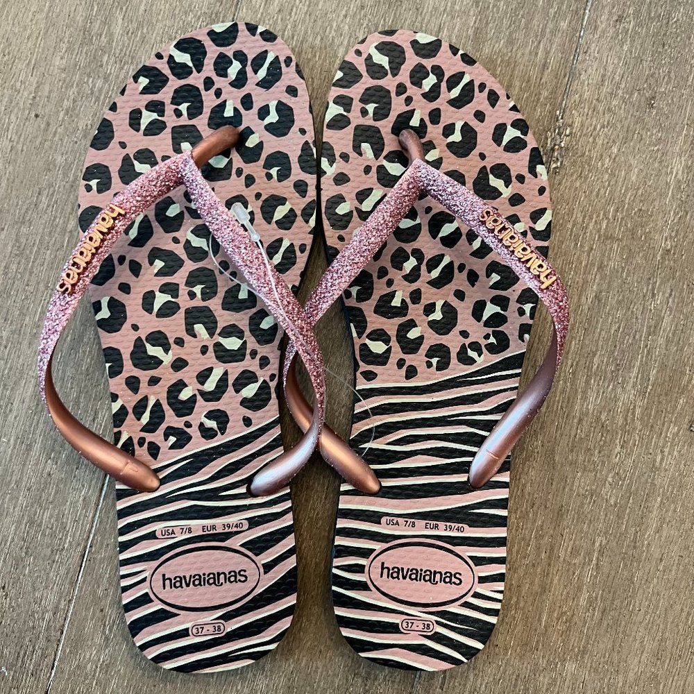 Havaianas Women's Slim Glitter Animal Print Flip Flop Sandal Size 7/8